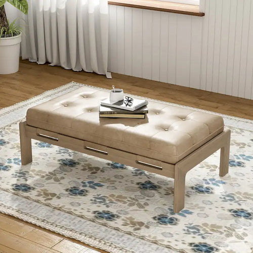 Table basse de forme rectangulaire de 48,4 pouces, capitonnée et tapissée, avec un cadre en bois d'hévéa, pouvant servir de repose-pieds en cuir.