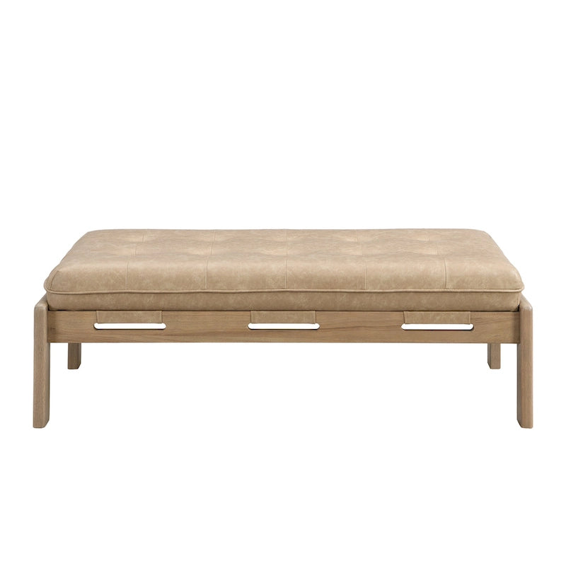 Table basse de forme rectangulaire de 48,4 pouces, capitonnée et tapissée, avec un cadre en bois d'hévéa, pouvant servir de repose-pieds en cuir.