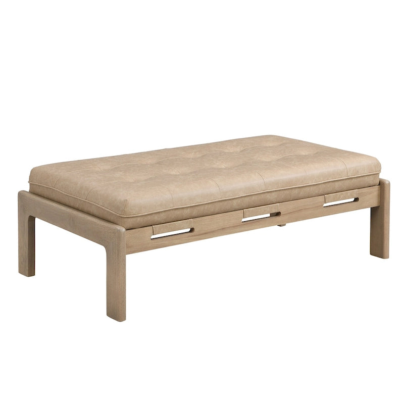 Table basse de forme rectangulaire de 48,4 pouces, capitonnée et tapissée, avec un cadre en bois d'hévéa, pouvant servir de repose-pieds en cuir.
