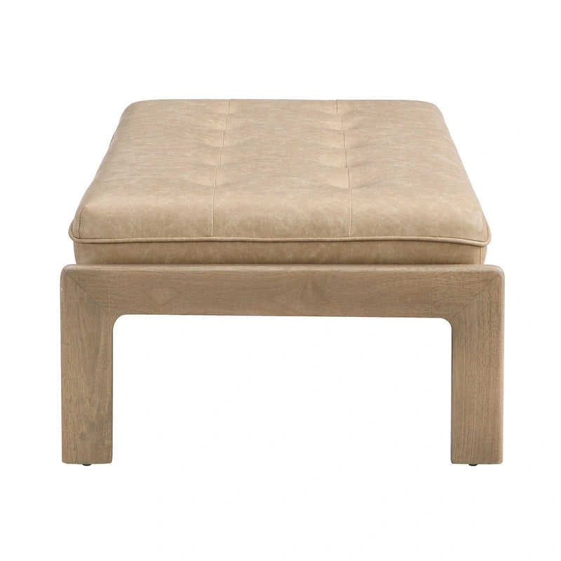 Table basse de forme rectangulaire de 48,4 pouces, capitonnée et tapissée, avec un cadre en bois d'hévéa, pouvant servir de repose-pieds en cuir.