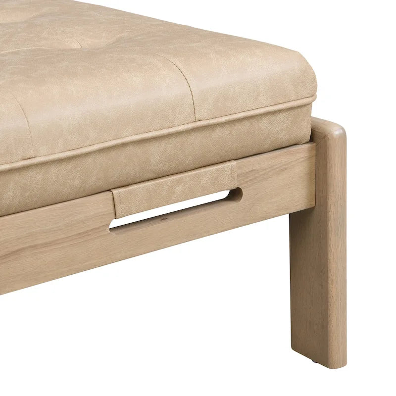 Table basse de forme rectangulaire de 48,4 pouces, capitonnée et tapissée, avec un cadre en bois d'hévéa, pouvant servir de repose-pieds en cuir.