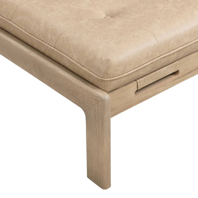 Table basse de forme rectangulaire de 48,4 pouces, capitonnée et tapissée, avec un cadre en bois d'hévéa, pouvant servir de repose-pieds en cuir.