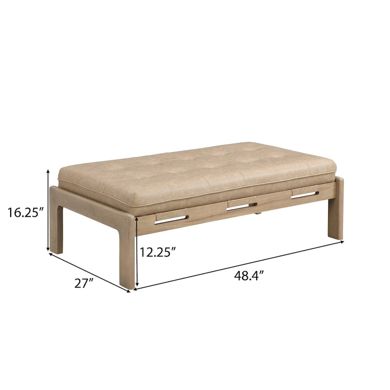 Table basse de forme rectangulaire de 48,4 pouces, capitonnée et tapissée, avec un cadre en bois d'hévéa, pouvant servir de repose-pieds en cuir.