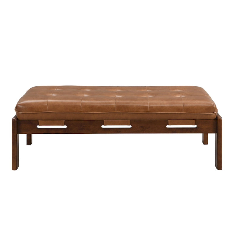 Table basse de forme rectangulaire de 48,4 pouces, capitonnée et tapissée, avec un cadre en bois d'hévéa, pouvant servir de repose-pieds en cuir.