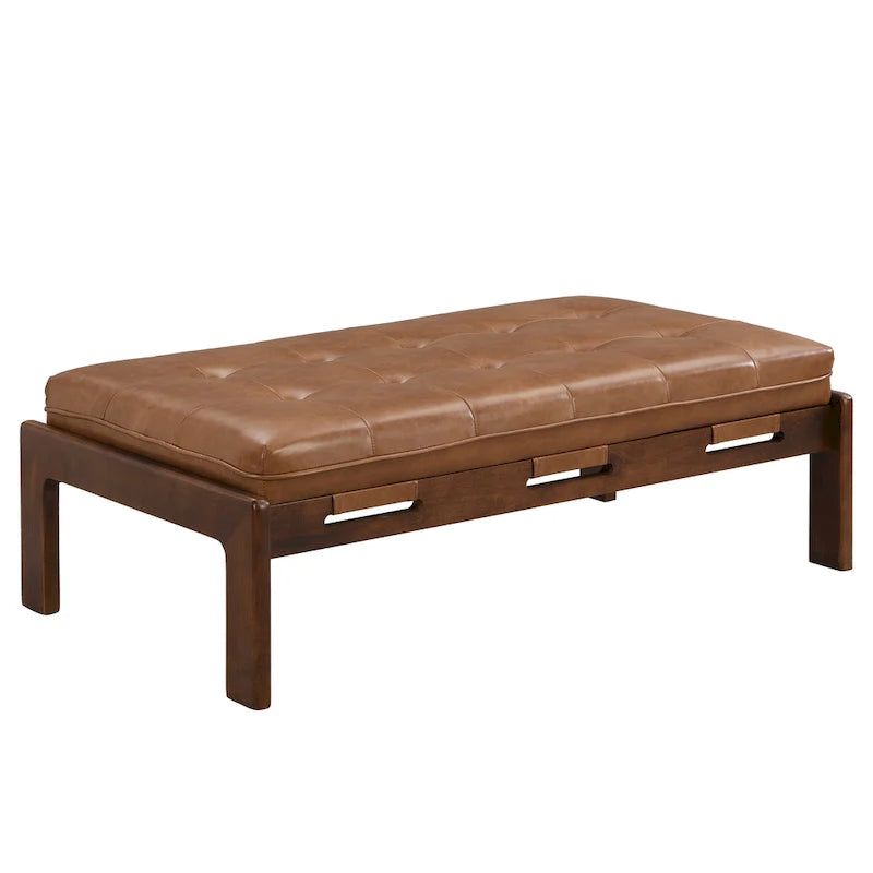 Table basse de forme rectangulaire de 48,4 pouces, capitonnée et tapissée, avec un cadre en bois d'hévéa, pouvant servir de repose-pieds en cuir.