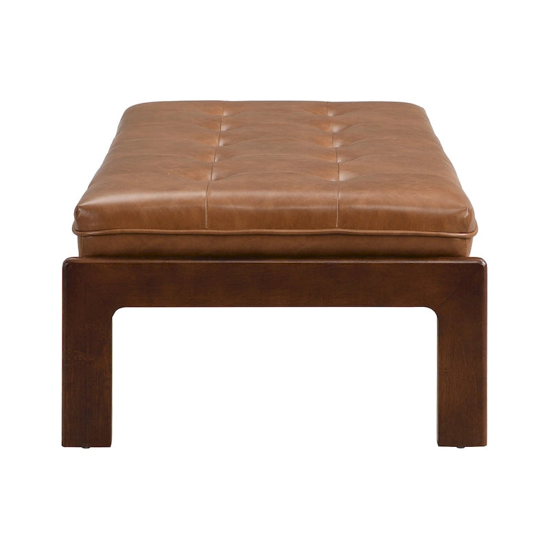 Table basse de forme rectangulaire de 48,4 pouces, capitonnée et tapissée, avec un cadre en bois d'hévéa, pouvant servir de repose-pieds en cuir.