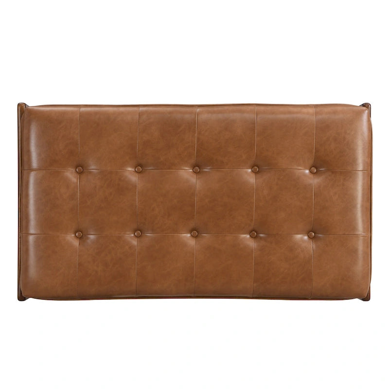 Table basse de forme rectangulaire de 48,4 pouces, capitonnée et tapissée, avec un cadre en bois d'hévéa, pouvant servir de repose-pieds en cuir.