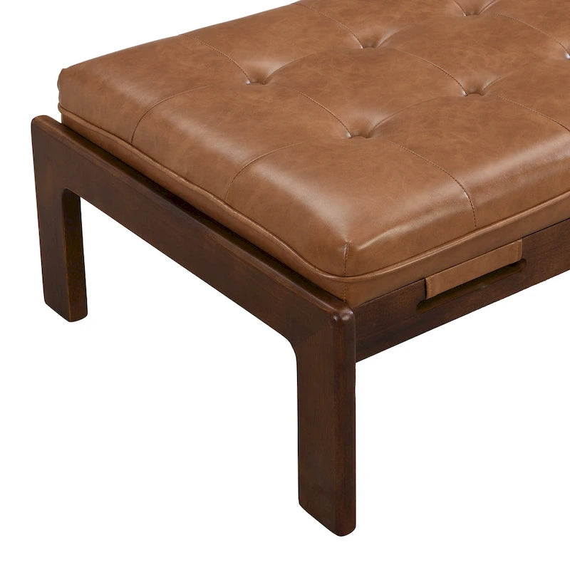 Table basse de forme rectangulaire de 48,4 pouces, capitonnée et tapissée, avec un cadre en bois d'hévéa, pouvant servir de repose-pieds en cuir.