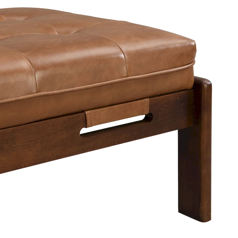 Table basse de forme rectangulaire de 48,4 pouces, capitonnée et tapissée, avec un cadre en bois d'hévéa, pouvant servir de repose-pieds en cuir.