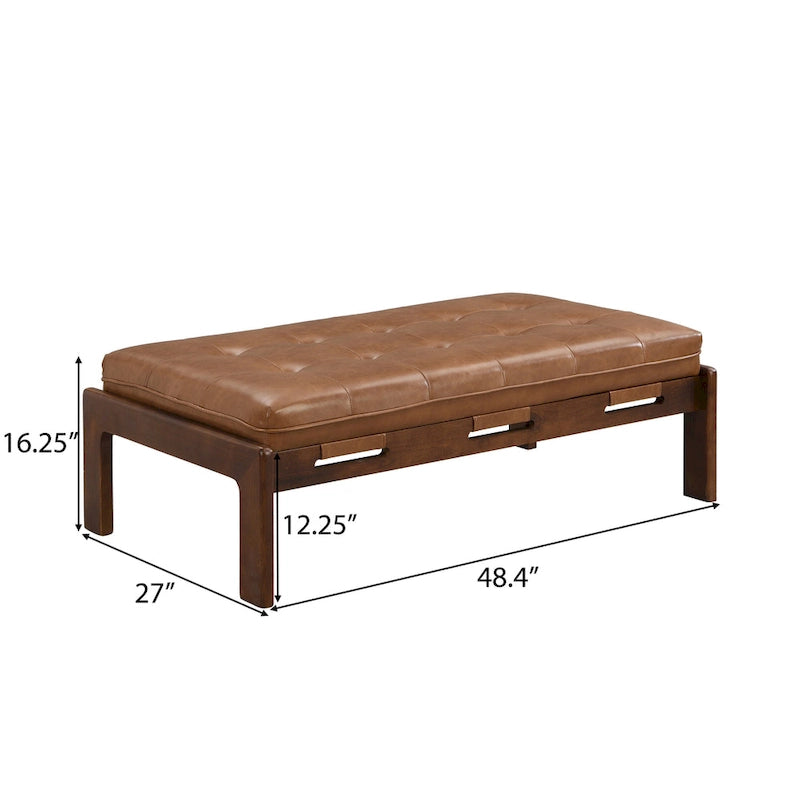 Table basse de forme rectangulaire de 48,4 pouces, capitonnée et tapissée, avec un cadre en bois d'hévéa, pouvant servir de repose-pieds en cuir.