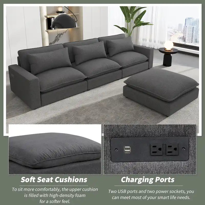 Canapé modulable Cloud, canapé rembourré en chenille avec pouf mobile, ports de charge et 3 oreillers de dossier.