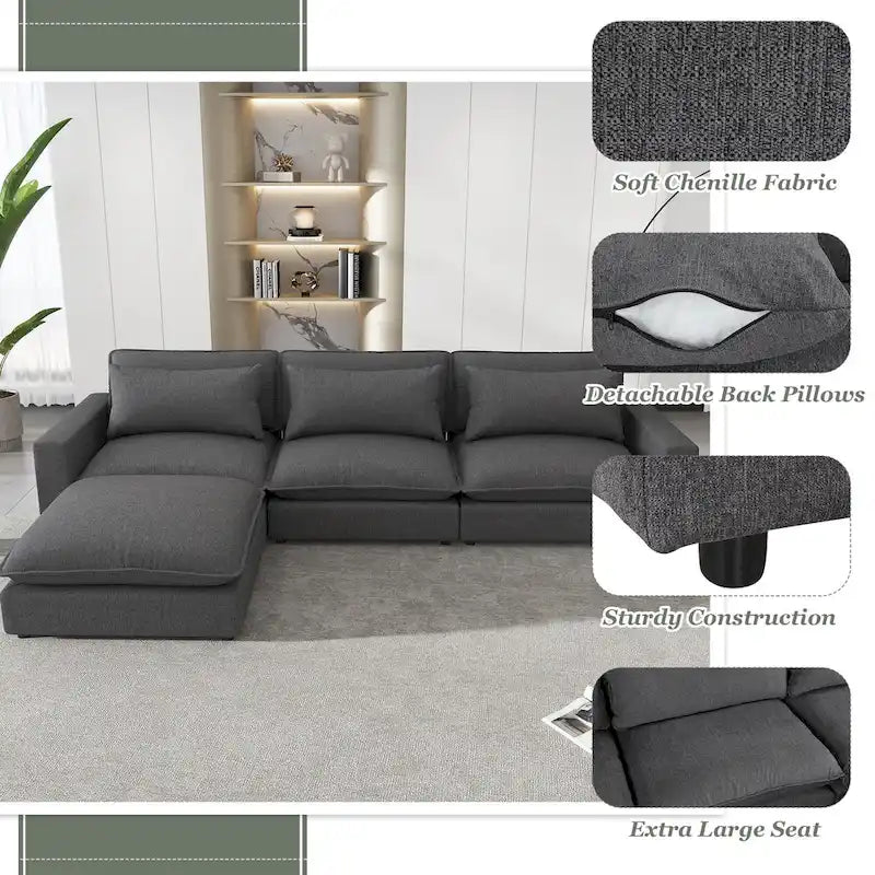 Canapé modulable Cloud, canapé rembourré en chenille avec pouf mobile, ports de charge et 3 oreillers de dossier.