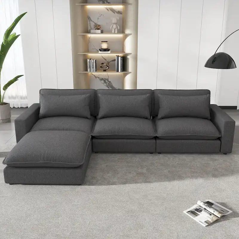 Canapé modulable Cloud, canapé rembourré en chenille avec pouf mobile, ports de charge et 3 oreillers de dossier.