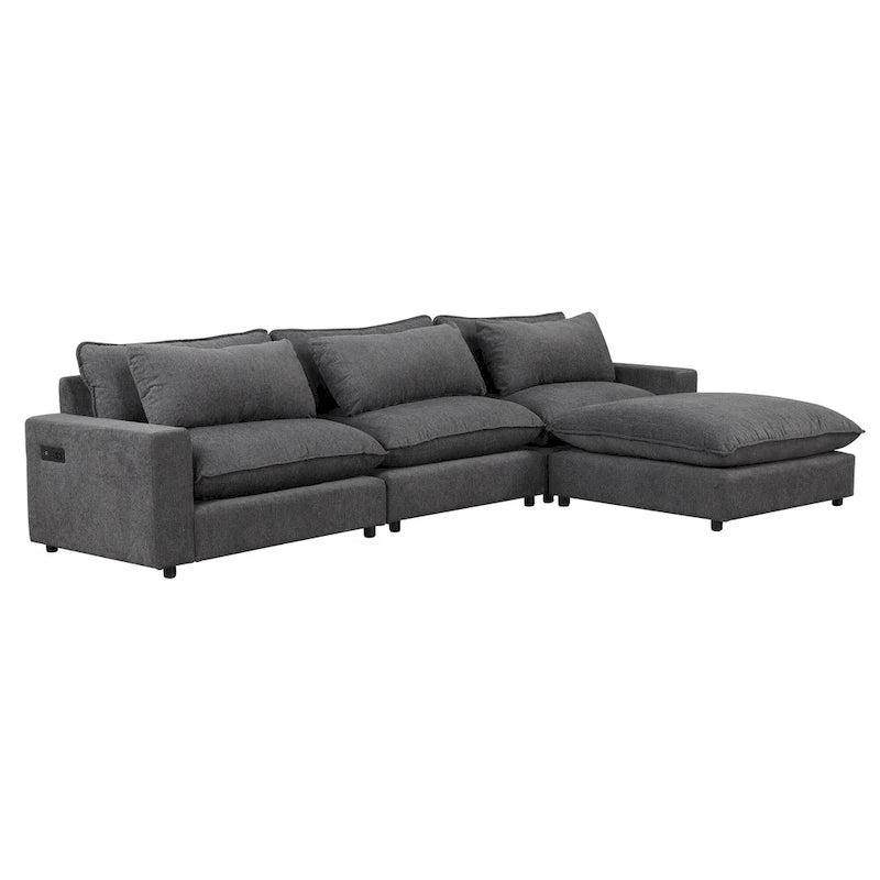 Canapé modulable Cloud, canapé rembourré en chenille avec pouf mobile, ports de charge et 3 oreillers de dossier.