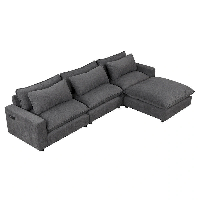 Canapé modulable Cloud, canapé rembourré en chenille avec pouf mobile, ports de charge et 3 oreillers de dossier.