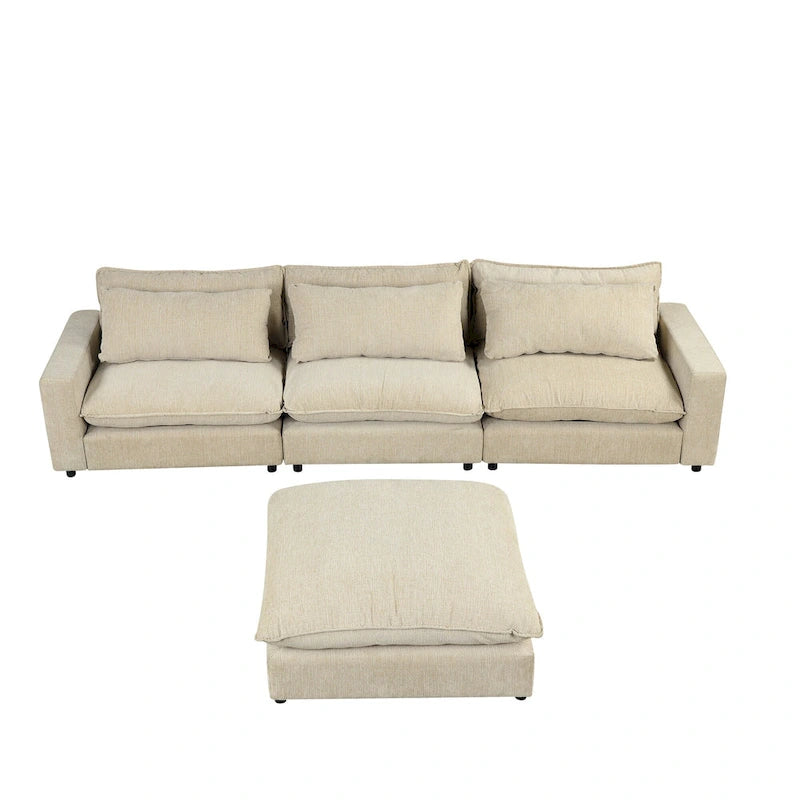 Canapé modulable Cloud, canapé rembourré en chenille avec pouf mobile, ports de charge et 3 oreillers de dossier.