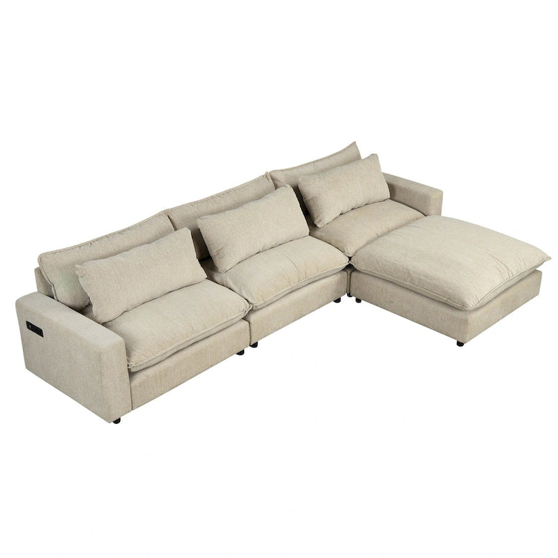 Canapé modulable Cloud, canapé rembourré en chenille avec pouf mobile, ports de charge et 3 oreillers de dossier.