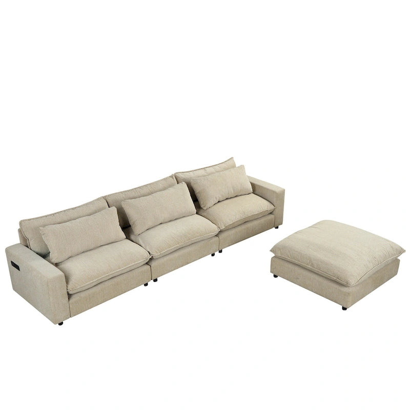 Canapé modulable Cloud, canapé rembourré en chenille avec pouf mobile, ports de charge et 3 oreillers de dossier.