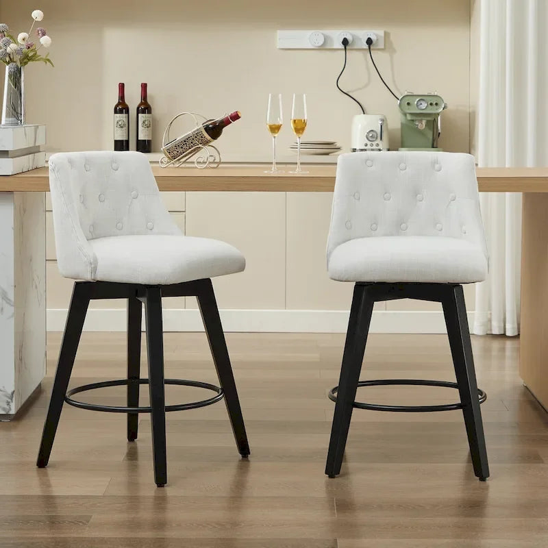 Tabourets de bar modernes pivotants en lin capitonné (lot de 2), avec dossier à boutons touffetés et cadre en bois massif