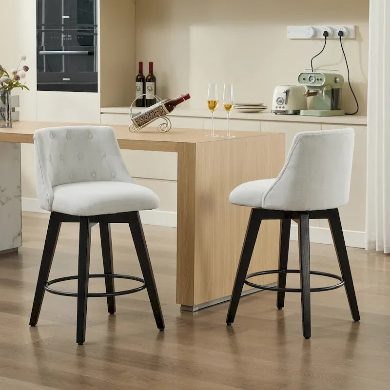 Tabourets de bar modernes pivotants en lin capitonné (lot de 2), avec dossier à boutons touffetés et cadre en bois massif