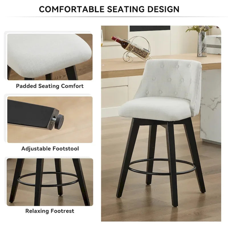 Tabourets de bar modernes pivotants en lin capitonné (lot de 2), avec dossier à boutons touffetés et cadre en bois massif