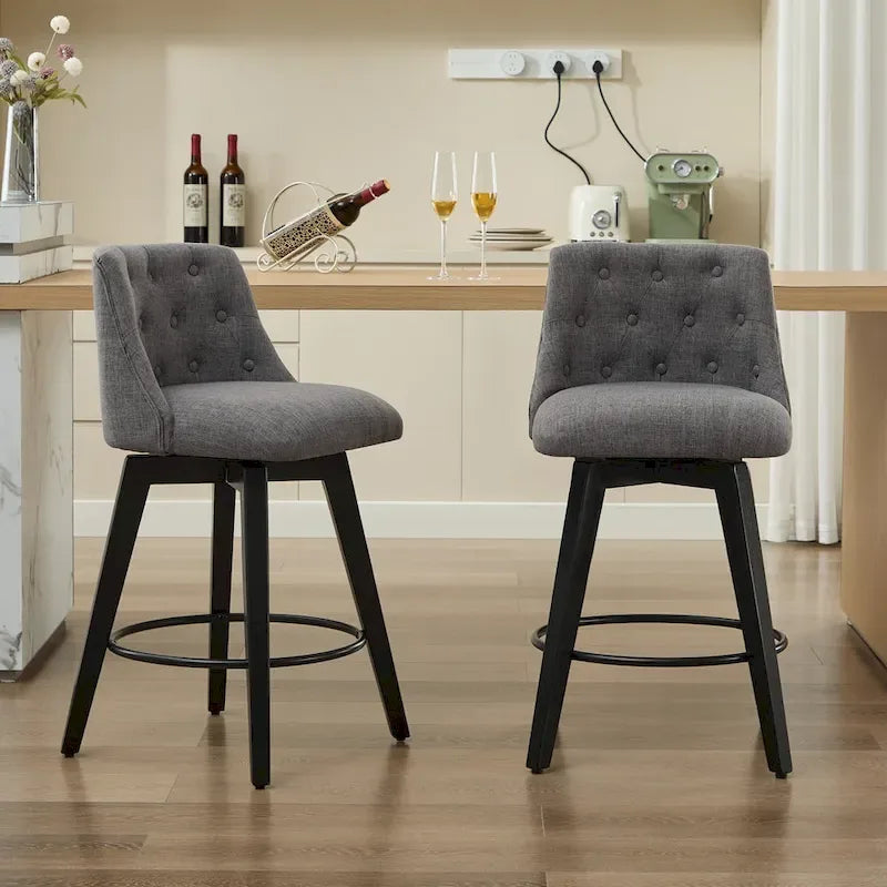 Tabourets de bar modernes pivotants en lin capitonné (lot de 2), avec dossier à boutons touffetés et cadre en bois massif