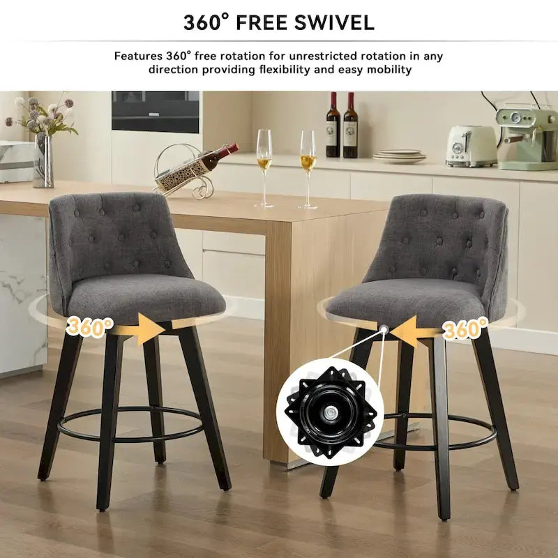 Tabourets de bar modernes pivotants en lin capitonné (lot de 2), avec dossier à boutons touffetés et cadre en bois massif