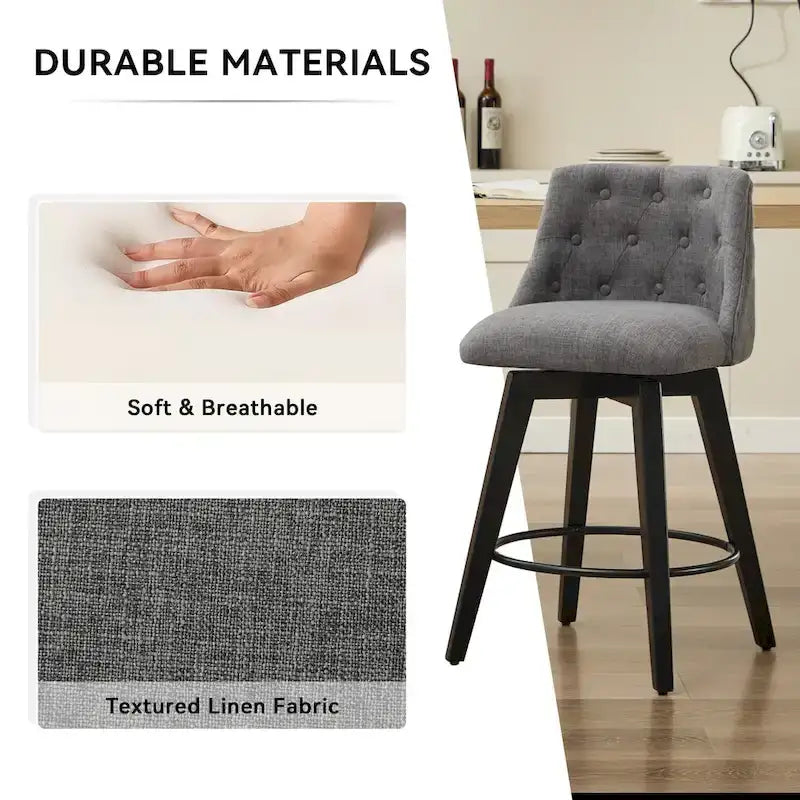 Tabourets de bar modernes pivotants en lin capitonné (lot de 2), avec dossier à boutons touffetés et cadre en bois massif