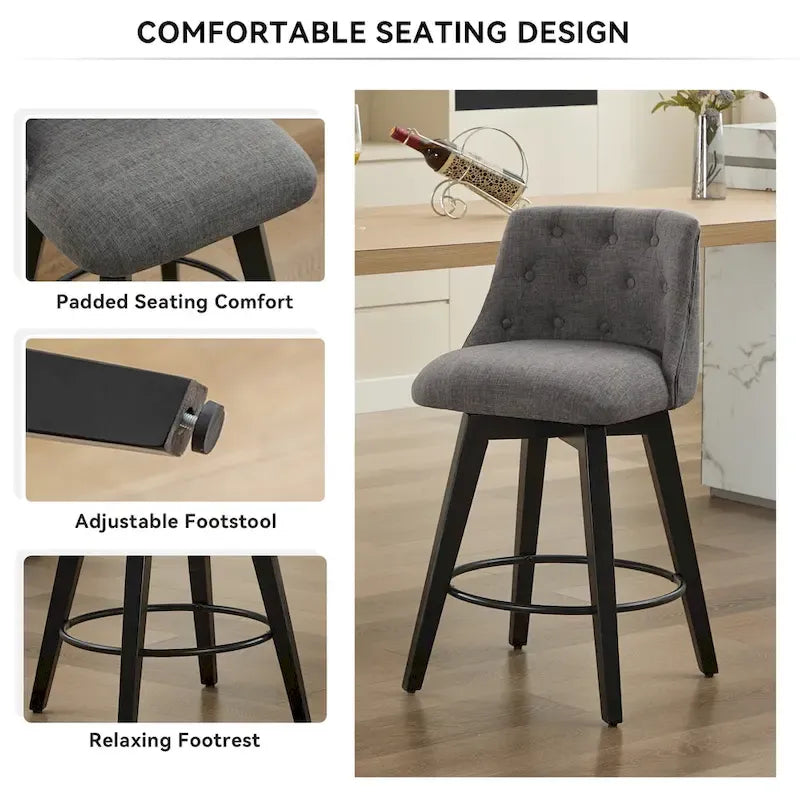 Tabourets de bar modernes pivotants en lin capitonné (lot de 2), avec dossier à boutons touffetés et cadre en bois massif