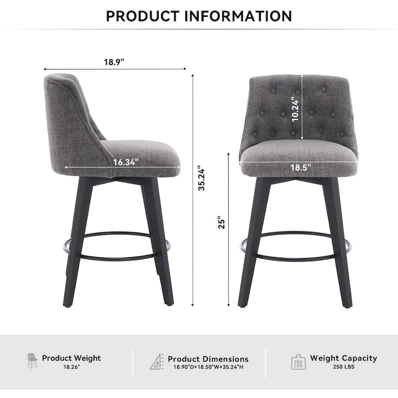 Tabourets de bar modernes pivotants en lin capitonné (lot de 2), avec dossier à boutons touffetés et cadre en bois massif