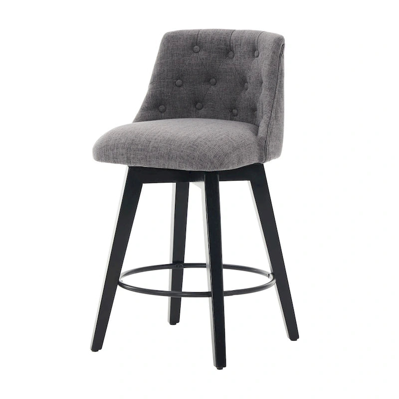Tabourets de bar modernes pivotants en lin capitonné (lot de 2), avec dossier à boutons touffetés et cadre en bois massif