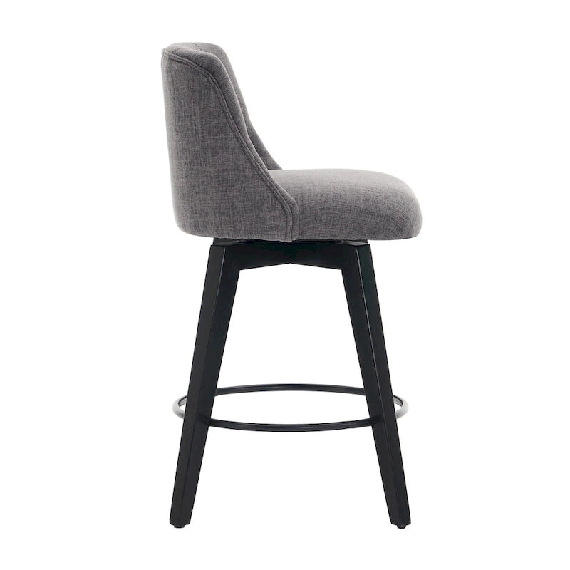 Tabourets de bar modernes pivotants en lin capitonné (lot de 2), avec dossier à boutons touffetés et cadre en bois massif
