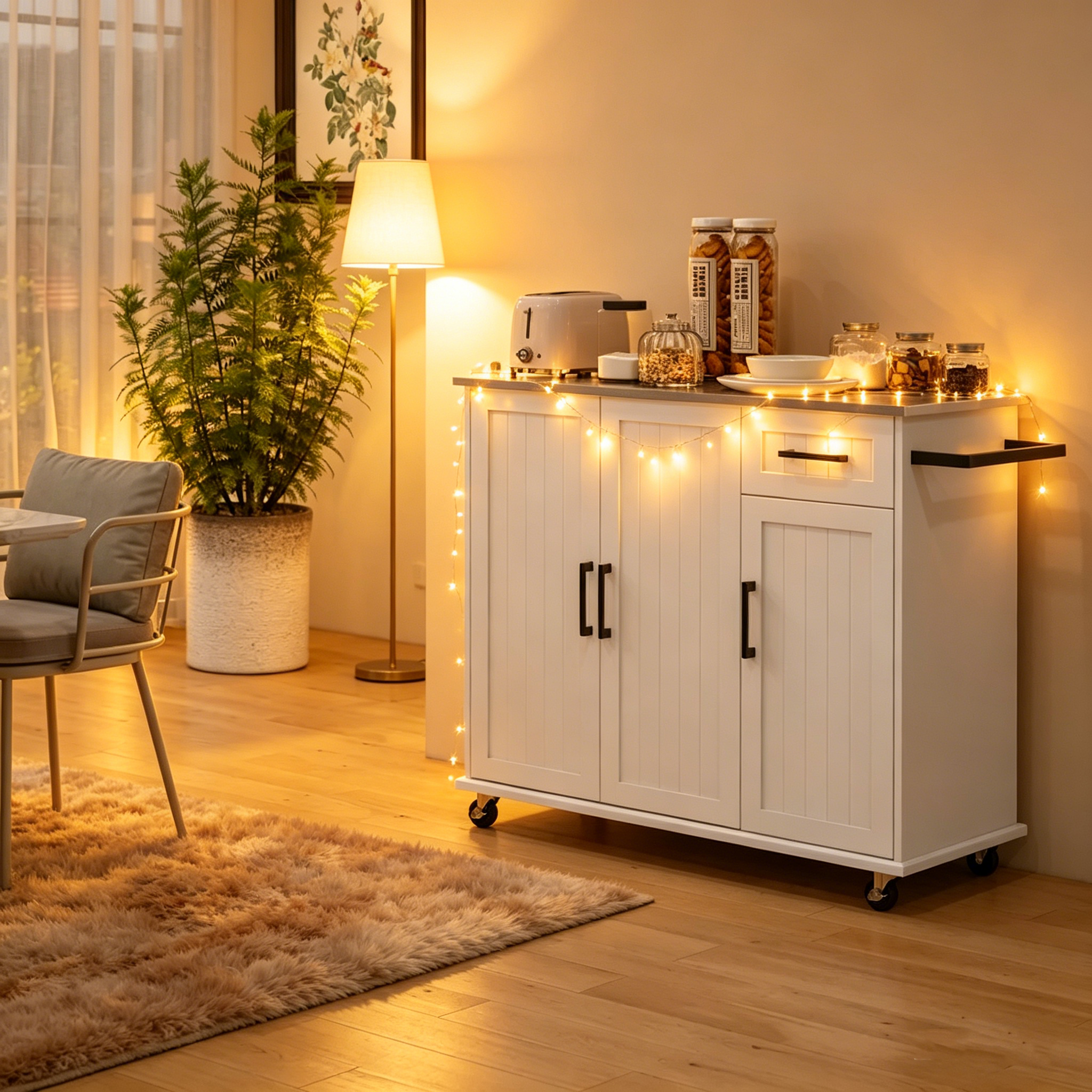 Îlot de cuisine avec rangement, îlot de cuisine mobile avec tiroirs, 3 armoires, comptoir en acier inoxydable.