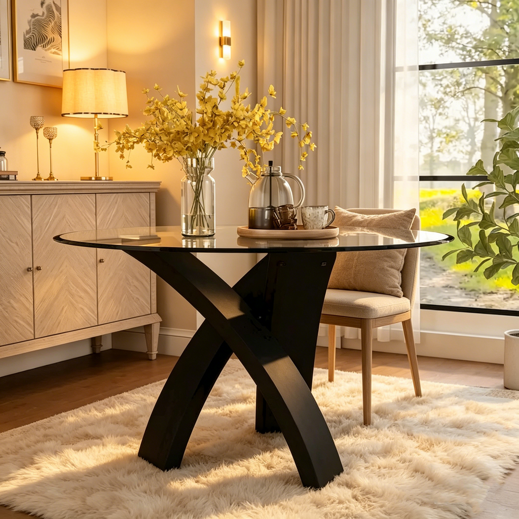 Table à manger moderne avec plateau en verre rond de 52 pouces