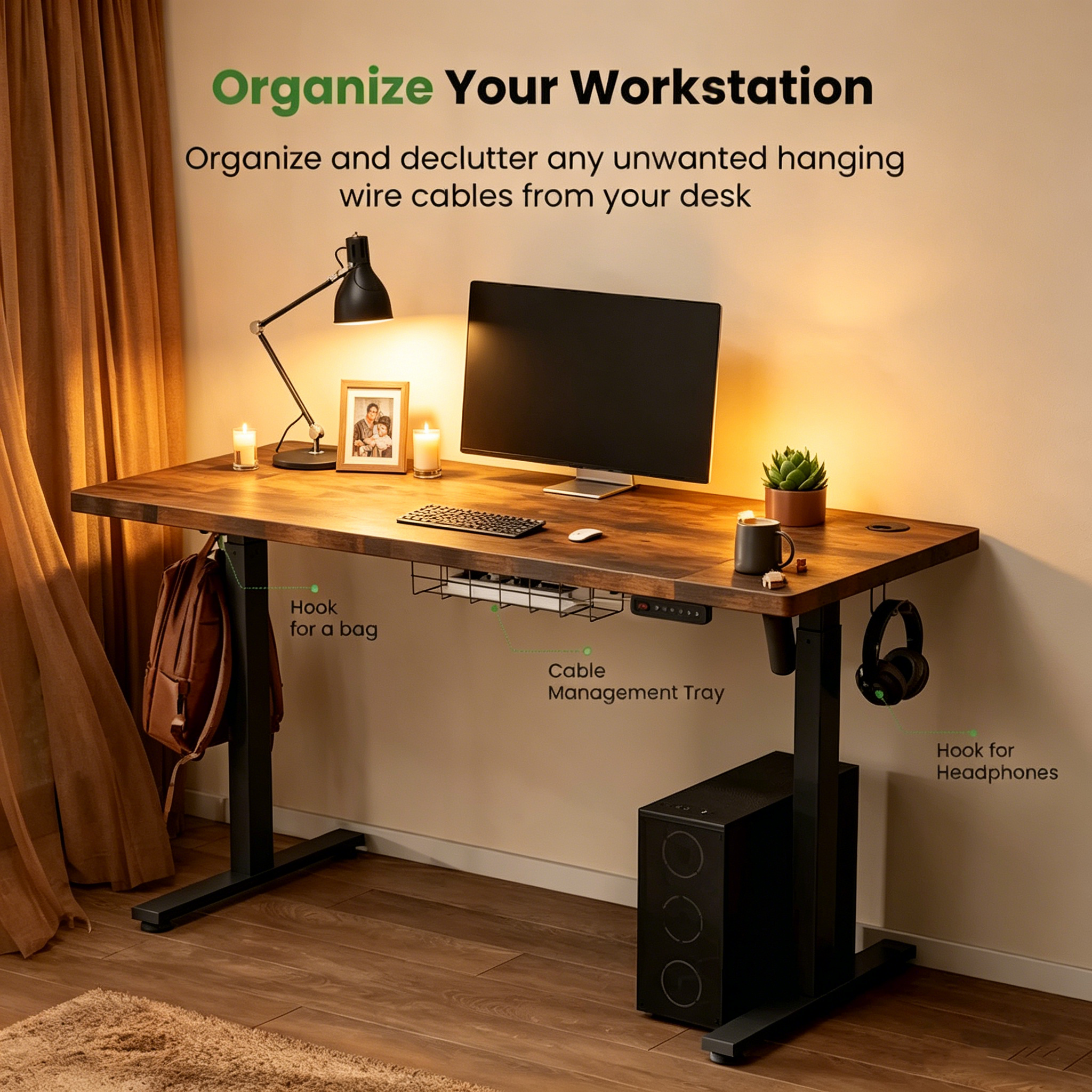 Bureau informatique de 48 x 24 pouces, réglable en hauteur, bureau électrique réglable en hauteur