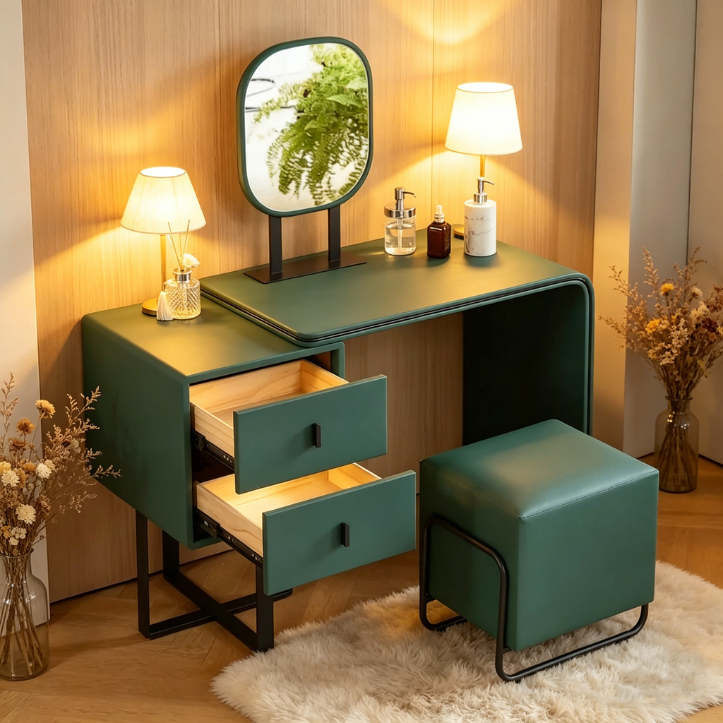 Coiffeuse en similicuir (tabouret inclus) — Table de toilette compacte avec miroir