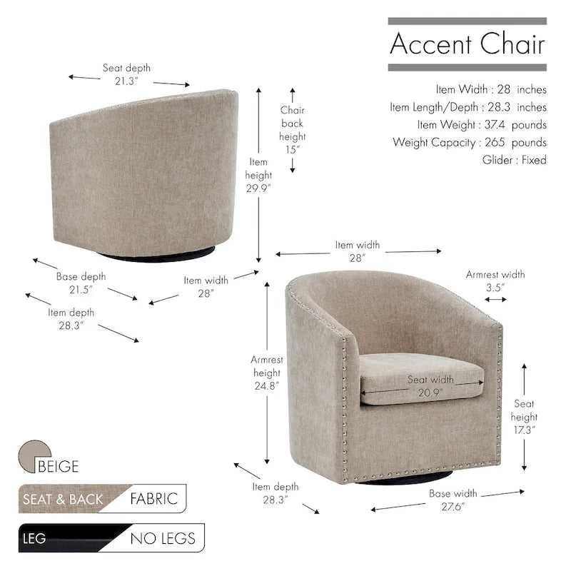 Fauteuil d'appoint pivotant en tissu de forme tonneau