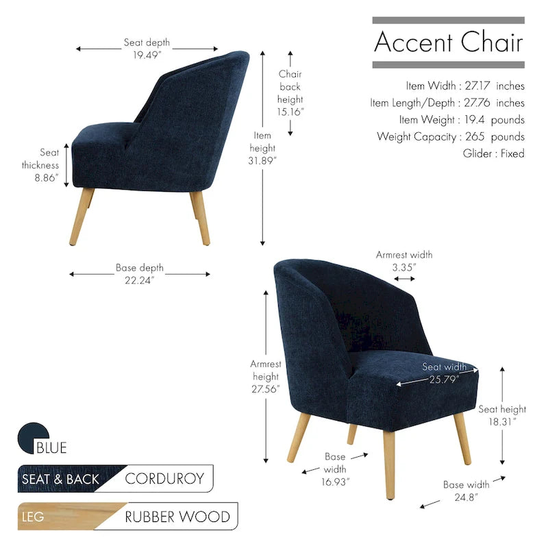 Fauteuil baquet garni de velours côtelé, avec pieds en bois d'hévéa