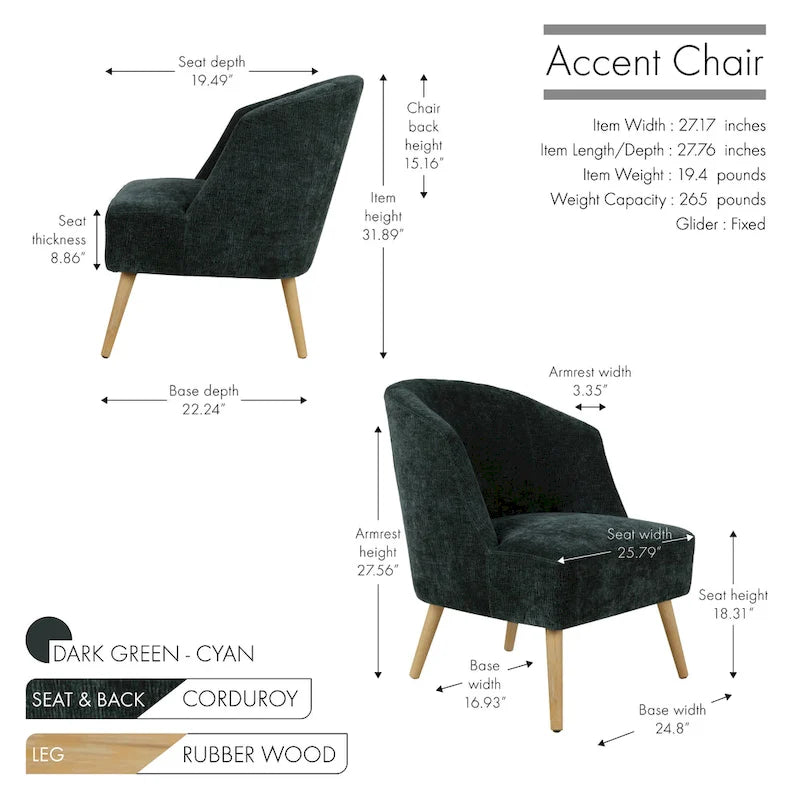 Fauteuil baquet garni de velours côtelé, avec pieds en bois d'hévéa
