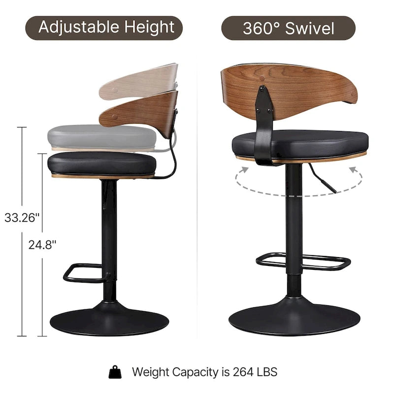 Tabouret de bar réglable pivotant en bois courbé
