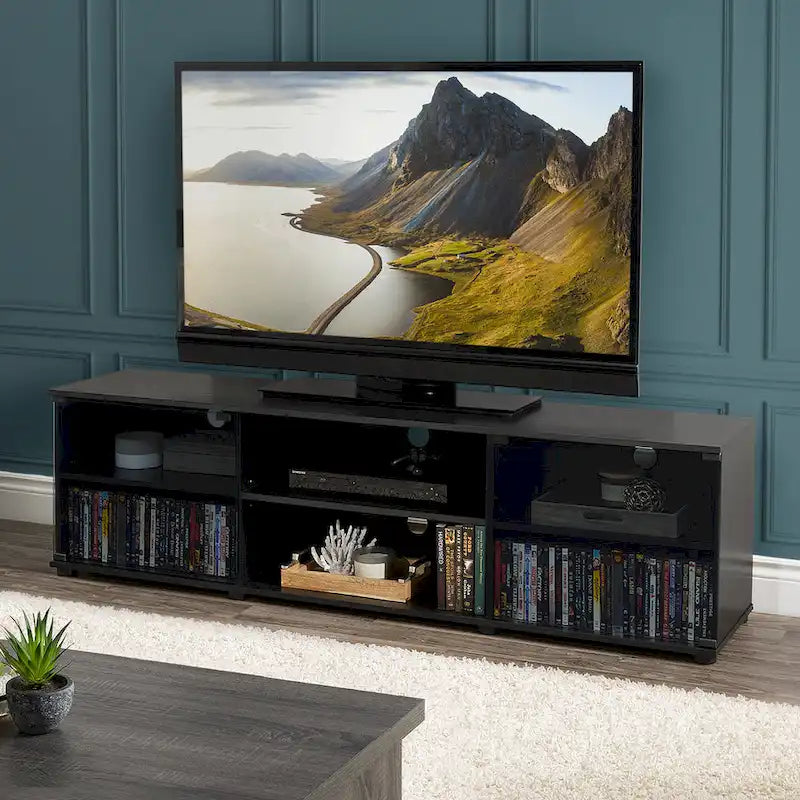Meuble TV noir (avec portes vitrées), adapté aux téléviseurs jusqu'à 85 pouces