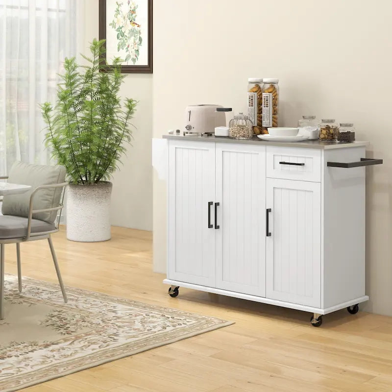 Îlot de cuisine avec rangement, îlot de cuisine mobile avec tiroirs, 3 armoires, comptoir en acier inoxydable.