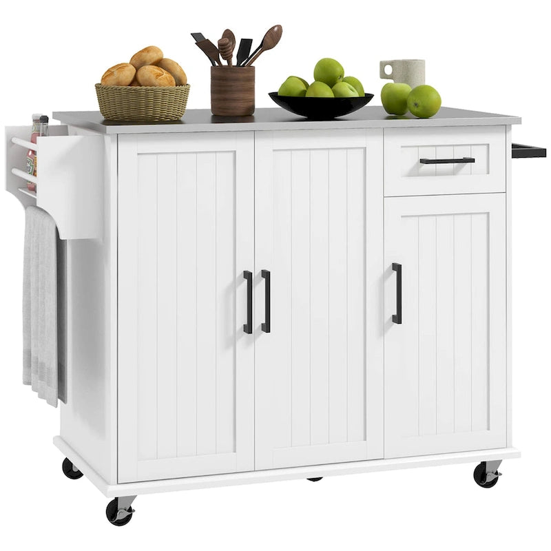 Îlot de cuisine avec rangement, îlot de cuisine mobile avec tiroirs, 3 armoires, comptoir en acier inoxydable.