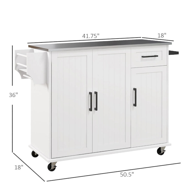 Îlot de cuisine avec rangement, îlot de cuisine mobile avec tiroirs, 3 armoires, comptoir en acier inoxydable.