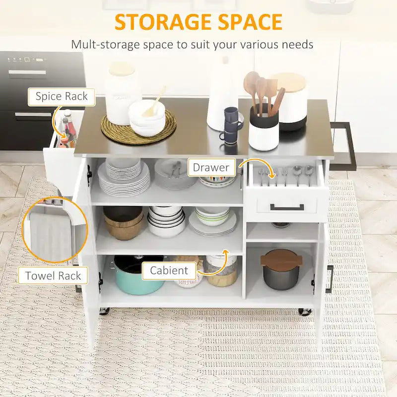 Îlot de cuisine avec rangement, îlot de cuisine mobile avec tiroirs, 3 armoires, comptoir en acier inoxydable.