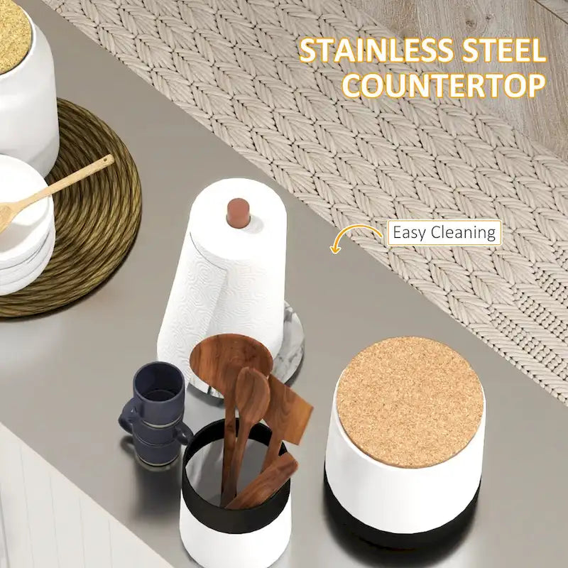 Îlot de cuisine avec rangement, îlot de cuisine mobile avec tiroirs, 3 armoires, comptoir en acier inoxydable.