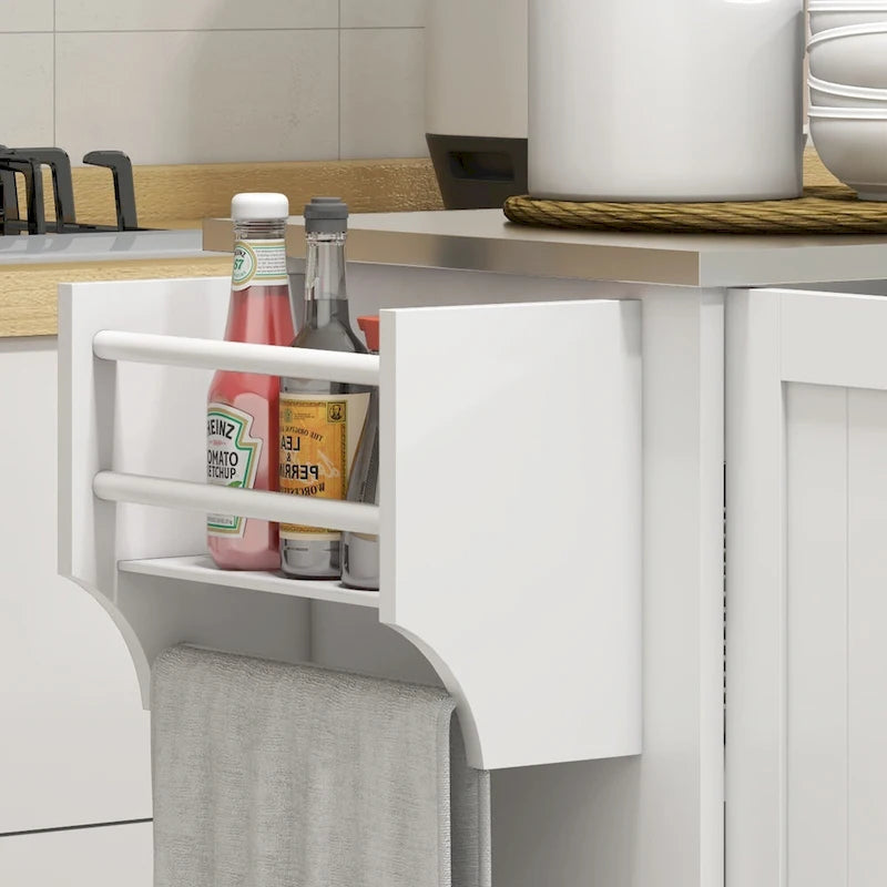 Îlot de cuisine avec rangement, îlot de cuisine mobile avec tiroirs, 3 armoires, comptoir en acier inoxydable.