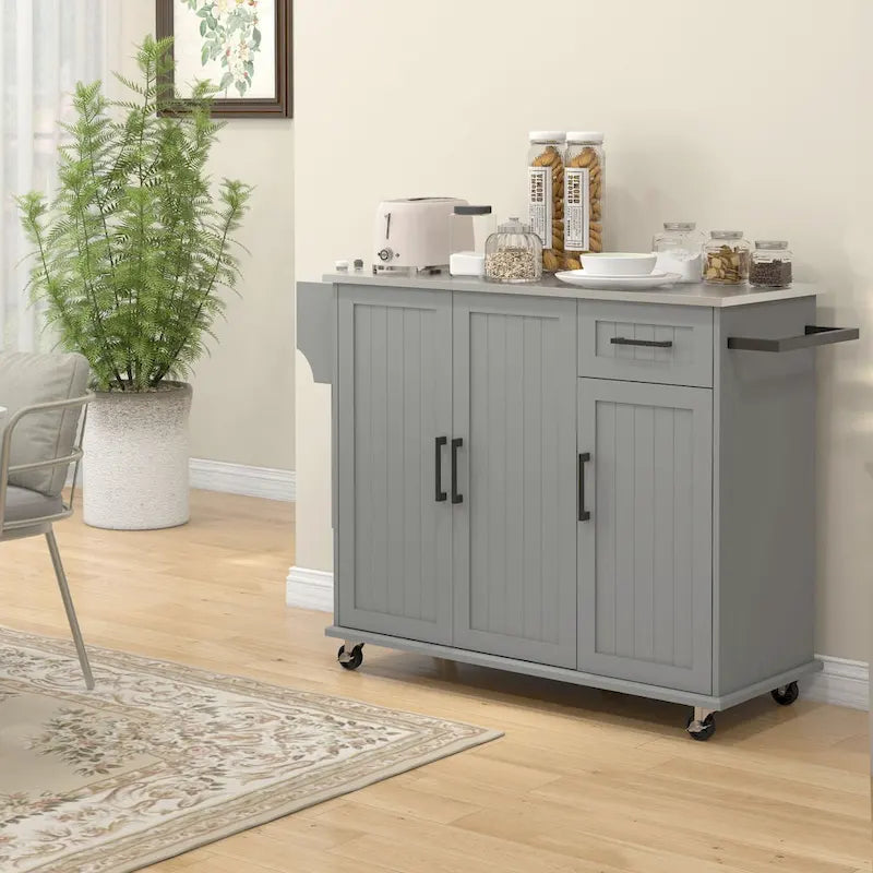 Îlot de cuisine avec rangement, îlot de cuisine mobile avec tiroirs, 3 armoires, comptoir en acier inoxydable.