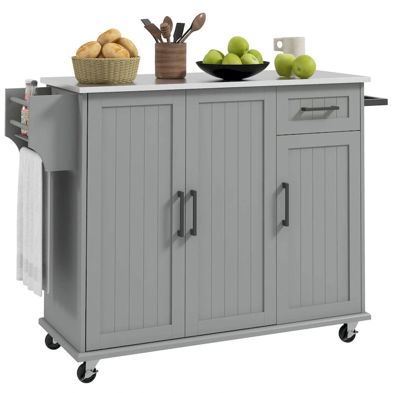 Îlot de cuisine avec rangement, îlot de cuisine mobile avec tiroirs, 3 armoires, comptoir en acier inoxydable.