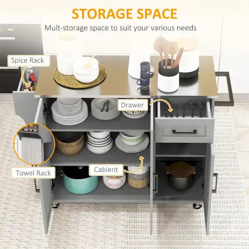 Îlot de cuisine avec rangement, îlot de cuisine mobile avec tiroirs, 3 armoires, comptoir en acier inoxydable.
